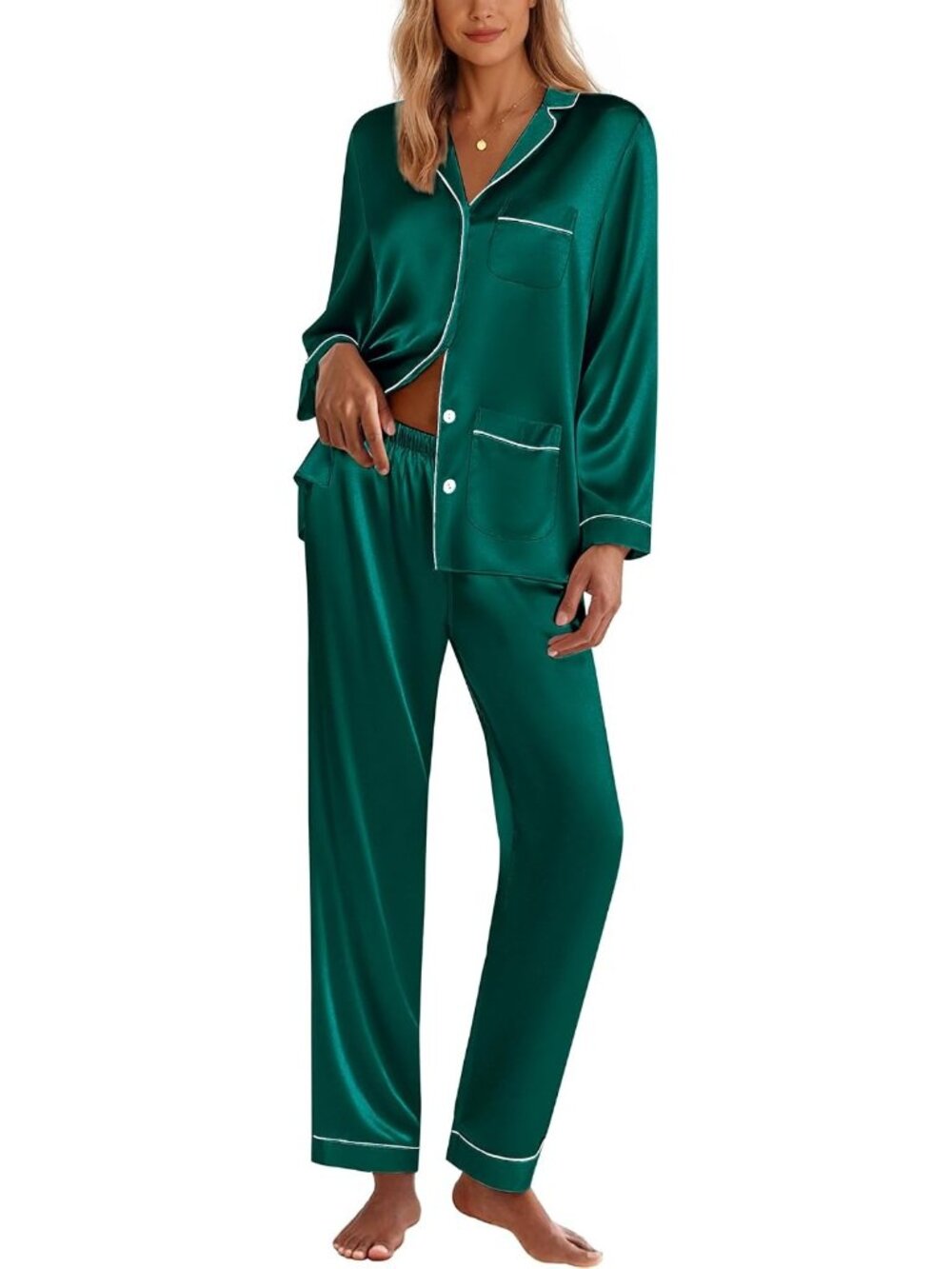 Women's Green Button Down Long Sleeve Sleepwear Pajama Set with Pockets